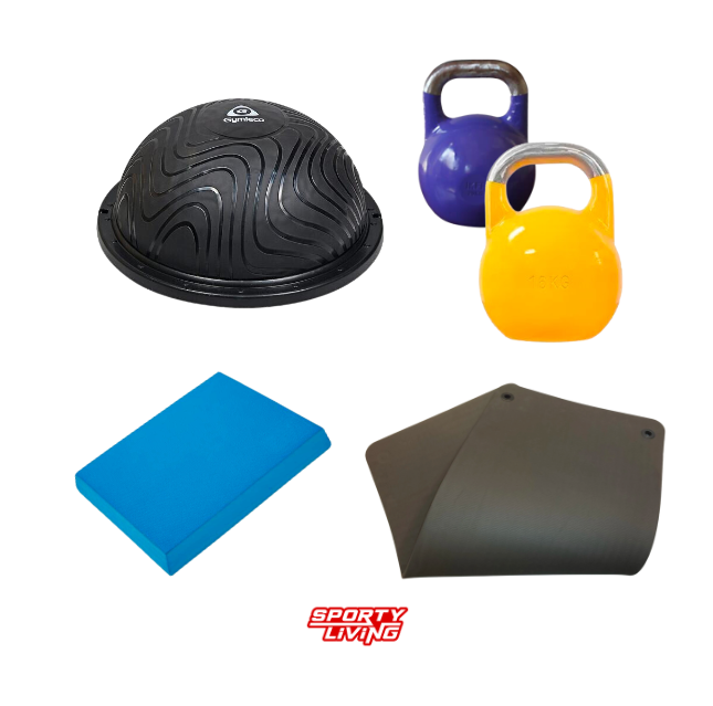 Pakken for deg som trener variert og nøyaktig. Et supert supplement til hjemmetrening eller på trening i farten. Pakken inneholder en BOSU-ball, 2 stk kettlebells på henholdsvis 16 og 20 kg, samt en balansepute og treningsmatte. Kjøp treningsutstyr hos SportyLiving idag!