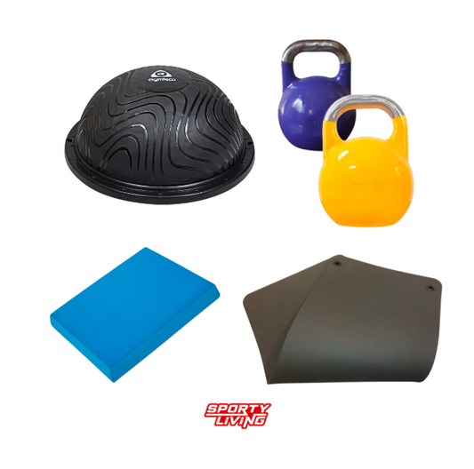 Pakken for deg som trener variert og nøyaktig. Et supert supplement til hjemmetrening eller på trening i farten. Pakken inneholder en BOSU-ball, 2 stk kettlebells på henholdsvis 16 og 20 kg, samt en balansepute og treningsmatte. Kjøp treningsutstyr hos SportyLiving idag! 